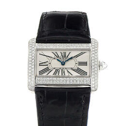 Pre-Owned Cartier Tank Divan Mens Quartz Watch WA301236, 18kt White Gold Case & Black Leather Strap with Diamond Bezel