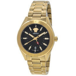 Versace V-Code GMT Quartz Black Dial Mens Watch - Gold-tone Stainless Steel Case, Deployment Clasp