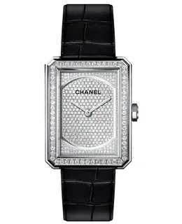Chanel Boy-Friend Steel Diamond Silver Dial Leather Strap Women's Watch h6674