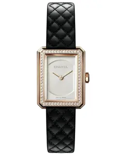 Chanel Boy-Friend 18K Beige Gold Silver Dial Diamond Bezel Leather Strap Women's Watch h6590