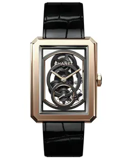 Chanel Boy-Friend 18K Beige Gold Skeleton Dial Leather Strap Women's Watch h6594