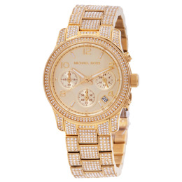 Michael Kors Runway Pave Chronograph Quartz Gold Dial Ladies Watch [mk7435]