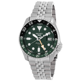 Seiko 5 Sports SKX Mens GMT Automatic Watch with Green Dial and Sprite Bezel - SSK035
