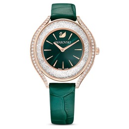 Swarovski Crystalline Aura Quartz Watch 5644078 - Green Dial, Rose Gold-tone Stainless Steel Case with Leather Strap