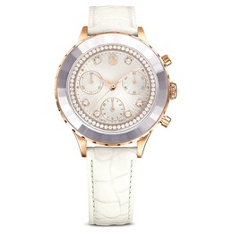 Swarovski Octea Chrono Quartz Crystal White Dial Watch 5671150 Rose Gold-tone Stainless Steel Case Ivory Leather Strap