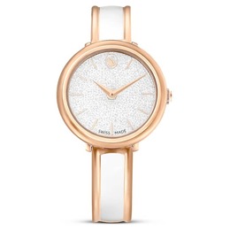 Swarovski Crystalline Bangle Quartz Ladies Watch 5689324 Rose Gold-tone Stainless Steel Case With Rose Gold-tone Stainless Steel Bracelet, White Enamel Dial Center, Fixed Rose Gold-tone Bezel, Silver Glitter Dial, Rose Gold-tone Hands And Index Hour Markers, Swan Logo At 12 O'clock Position