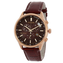 Citizen Eco-Drive Chronograph AT2573-07X Brown Dial Mens Watch Rose Gold Tone Steel Case Leather Strap