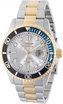 Invicta Pro Diver 44709: Mens Quartz Silver Dial Watch, Analog, Two-tone Bracelet, Uni-directional Rotating Aluminum Bezel