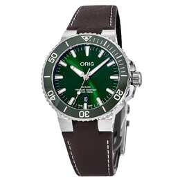 Мужские часы Oris Aquis Date с зеленым циферблатом и коричневым кожаным ремешком 01 733 7732 4157-07 5 21 10FC 7916876496956 | green