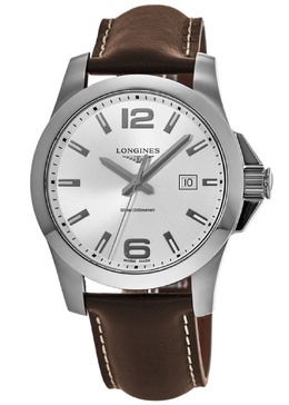 Longines Conquest 43 Серебряный циферблат Коричневый кожаный ремешок Мужские часы L3.760.4.76.5 7838299258940 | silver