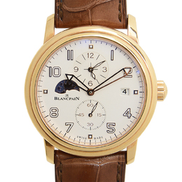 Pre-owned Blancpain Leman Dual Time Zone Automatic Mens Watch 2860-3642-53b Gold-tone 18kt rose gold case with a brown alligator band