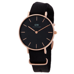 DW00100215 Daniel Wellington Petite Cornwall Ladies Quartz Watch Black Dial Rose Gold-tone Case NATO Strap