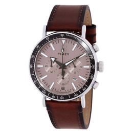 Timex Waterbury Chronograph Quartz Mens Watch TW2W47300VQ Silver-tone Brass Case Brown Leather Strap Fixed Tachymeter Bezel Rose Gold Dial Black Hands Index-Arabic Hour Markers Minute Markers Analog Display Date Between 4 and 5 o'clock Three Sub-dials 60 Second 60 Minute 24 Hour Chronograph Movement Mineral Crystal Solid Case Back Round Shape 43mm 12mm Thick Band Width 22mm Buckle Clasp Water Resistant 100m Functions Chronograph Date Hour Minute Second