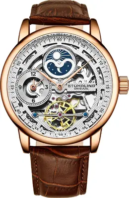 Автоматические часы-скелетон Stuhrling 3917, двойной временной циферблат, индикатор AM/PM и кожаный ремешок с тиснением под кожу аллигатора для изысканного стиля STÜHRLING Original, розовое золото m190638090082 | rose gold