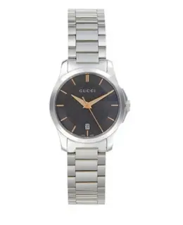 Gucci G-Timeless Women's Watch - Brushed Steel Case, Black Dial, Yellow Gold Tone Hands Model ya126592