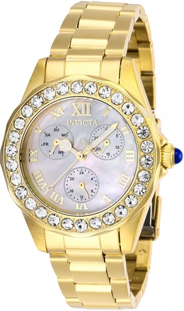 Invicta Angel Crystal White Mother of Pearl Dial Ladies Watch 28465 Gold-tone stainless steel case with a gold-tone stainless steel bracelet Fixed gold-tone bezel with crystal set