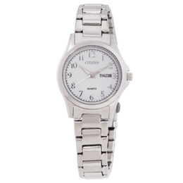 Citizen Quartz White Dial Ladies Watch eq0610-53a. Silver-tone stainless steel case and bracelet, fixed bezel, analog white dial with silver-tone hands and index Arabic numeral hour markers, minute markers around outer rim, day of week and date display at 3 o'clock position, quartz movement, scratch resistant mineral crystal, pull/push crown, solid case back, round shape size 27.5 mm, fold over clasp with safety release, water resistant to 100 feet.