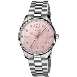 Gucci G-Timeless Quartz Diamond Pink Dial Ladies Watch ya1265062, Analog Quartz Movement, Silver Stainless Steel Case and Bracelet with Fixed Bezel, Pink Dial featuring Diamond Markers and Scratch Resistant Sapphire Crystal