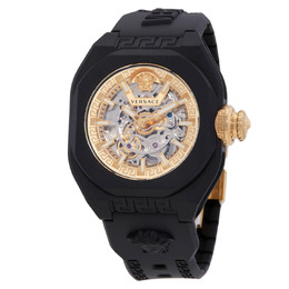 Versace VE7L00123 V-Legend Automatic Skeleton Dial Watch - Black Ceramic Case, Gold-Tone Hands, Index Hour Markers, Black Rubber Strap