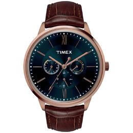 Timex TW2T24100 Mens Quartz Blue Dial Watch with Rose Gold-tone Steel Case and Brown Leather Strap