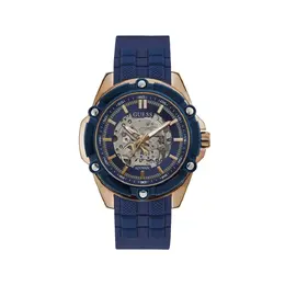 Guess Purple Synthetic Watch gugw0061g3ac Automatic Movement Analog Display Stainless Steel Case Pink Dial Mineral Glass 47mm Diameter Blue Dial Color Silicone Bracelet Purple Bolt Feature Water Resistant Up to 5ATM