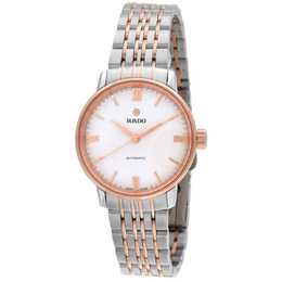 Rado Coupole Automatic White Dial Ladies Watch r22862067 Silver-tone stainless steel case with two-tone (silver-tone and rose gold PVD) leather strap.
