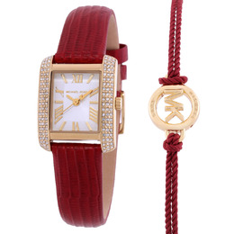Michael Kors Emery Quartz Crystal White Dial Ladies Watch and Red Leather Bracelet Gift Set MK4874SET
