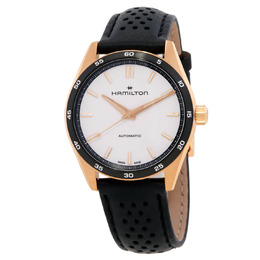 Hamilton Jazzmaster Performer H36225770: Yellow Gold Stainless Steel Case with Black Leather Strap and White Dial