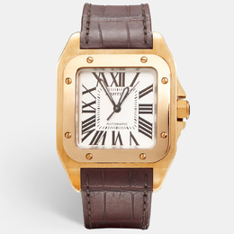 Cartier Santos 100 W20108Y1: Unisex Watch, 33 mm, Rose Gold & Silver Dial, Alligator Strap
