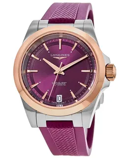 Longines Conquest Automatic Purple Dial 18K Rose Gold Plated Bezel Rubber Strap Women's Watch L3.430.5.98.9