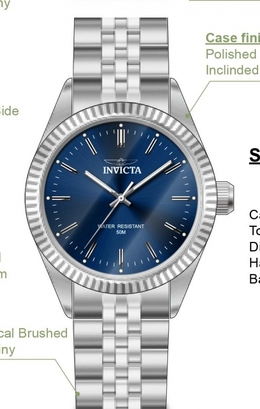 Invicta Specialty Quartz Blue Dial Ladies Watch 49312 Silver-tone stainless steel case and bracelet