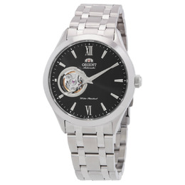 Men's Orient Automatic Black Open Heart Dial with Silver-tone Stainless Steel Case and Brown Calfskin Strap