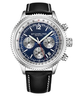 Мужские часы Monaco, черная кожа, синий циферблат, круглые часы 47 мм Stuhrling 16131611 | black, silver-tone
