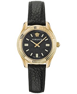 Женские швейцарские часы Greca Time с черным кожаным ремешком, 35 ​​мм Versace 15796386 | ip yellow gold