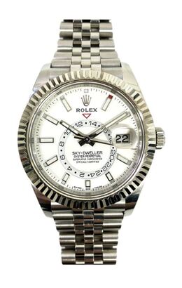 Pre-owned Rolex Sky-Dweller 326934WSJ Mens Automatic Chronometer GMT White Dial Stainless Steel Case with Jubilee Bracelet, Fluted Ring Command Bezel