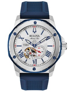 Мужские автоматические часы Marine Star с синим силиконовым ремешком, 45 мм Bulova 8023713 | blue/white