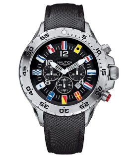 Мужские часы NST Chrono Flags N16553G с черным кожаным ремешком с резиновым покрытием Nautica 8773428 | black/silver