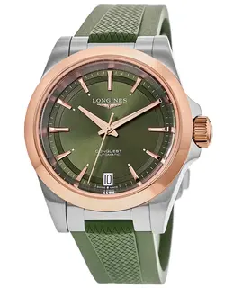 Women's Longines Conquest Automatic watch with green dial, 18K Rose Gold Plated Capped Bezel and Rubber Strap Model L3.430.5.02.9