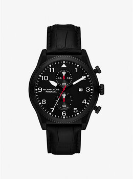 Большие панорамные часы из черной кожи с тиснением под крокодила Michael Kors, черный mk9201 | black