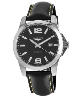 Longines Conquest Quartz Black Dial Black Leather Men's Watch l3.759.4.58.3