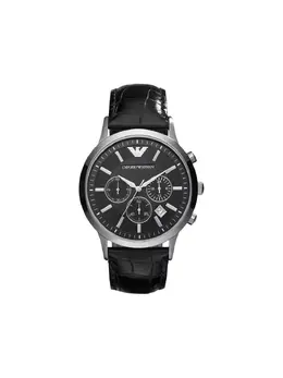 Emporio Armani Renato watch 42mm black stainless steel round face baton dial three chronograph sub-dials seconds display day-date quartz movement two pushers screw-down crown engraved case back leather strap buckle