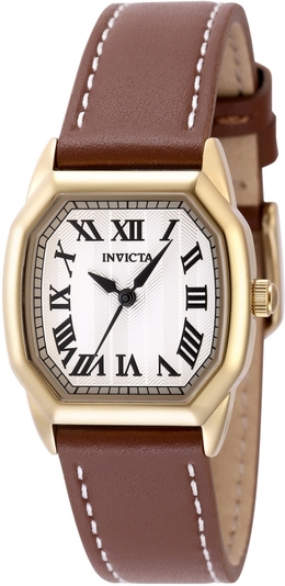Invicta Wildflower Quartz 48962 Gold-tone stainless steel case with brown leather strap, fixed bezel, silver dial