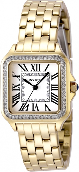 Invicta Angel Quartz Crystal Silver Dial Ladies Watch 48995 - Gold-tone stainless steel case and bracelet, fixed white crystal bezel