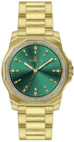 Invicta 49109 Speedway Quartz Crystal Green Dial Mens Watch Gold-tone stainless steel case and bracelet Fixed white crystal bezel Green dial with gold-tone hands index hour markers Minute markers around outer rim Analog dial Luminescent hands TMI Caliber PC21J quartz movement Mineral crystal Scratch resistant Pull push crown Solid case back Dodecagon shape 42mm diameter 11.50mm thickness 22mm band width 7 inch band length Fold over clasp Water resistant to 30 meters Japan movt