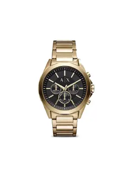 Armani Exchange Round Face 44mm Auto Black Baton Index Arrow Hands Logo Embellishment Screw-down Crown Stainless Steel Link Bracelet Chronograph Counters Water-resistant with Deployant Clasp, Two-year Warranty