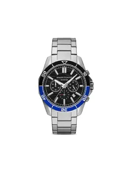 Armani Exchange Round Face 44mm 29883333 Stainless Steel Case, Quartz Movement, Black Baton Dial Arrow Hands Logo Embellishment Count-Up Bezel Chronograph Functionality
