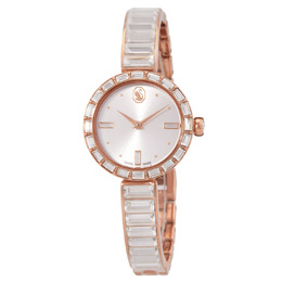 Swarovski Matrix Bangle Quartz Crystal Silver Dial Ladies Watch (567849), Rose gold-tone stainless steel case with a rose gold-tone stainless steel adorned with baguette-cut crystals bracelet. Fixed bezel with baguette-cut crystal insert. Silver dial with rose gold-tone hands and dot-crystal hour markers.