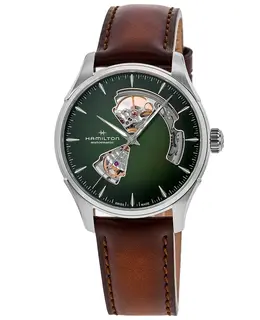 Brand New Authentic Hamilton Jazzmaster H32675560 Open Heart Automatic Mens Watch Green Dial Brown Leather Strap