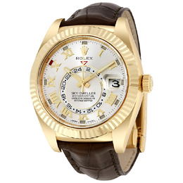 Pre-owned Rolex Sky Dweller 326138 Mens Automatic Chronometer Yellow Gold Brown Leather Strap Watch