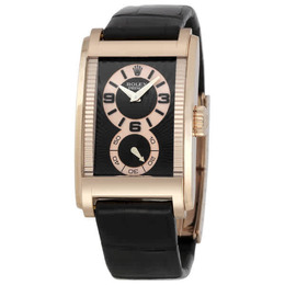 Rolex Cellini Prince, Model 54425 (Reference 5442.5), Black Dial with Gold Details, Rose Gold Case, Leather Strap Mens Watch